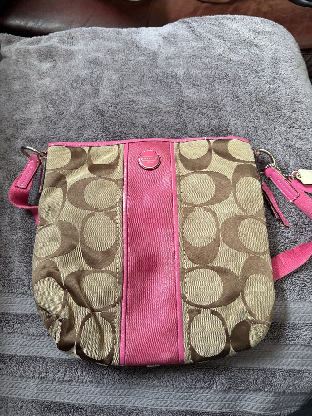 Coach Canvas Crossbody Bag in Tan and Pink